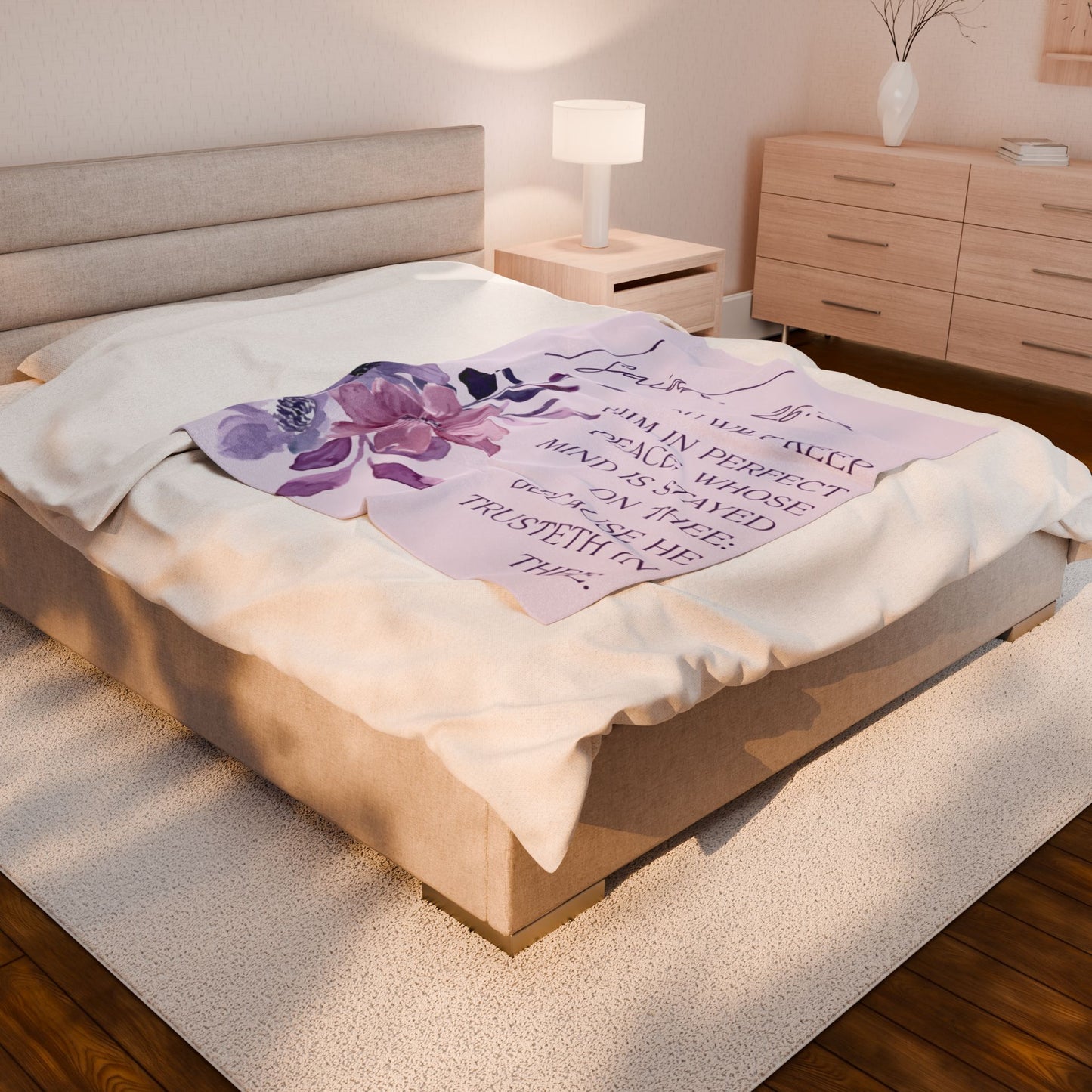 Velveteen Plush Blanket — Isaiah 26:3 Floral Scripture Throw for Comfort & Peace