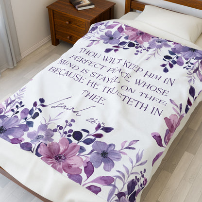 Scripture Floral Velvet Blanket – Isaiah 26:3 Inspirational Plush Throw