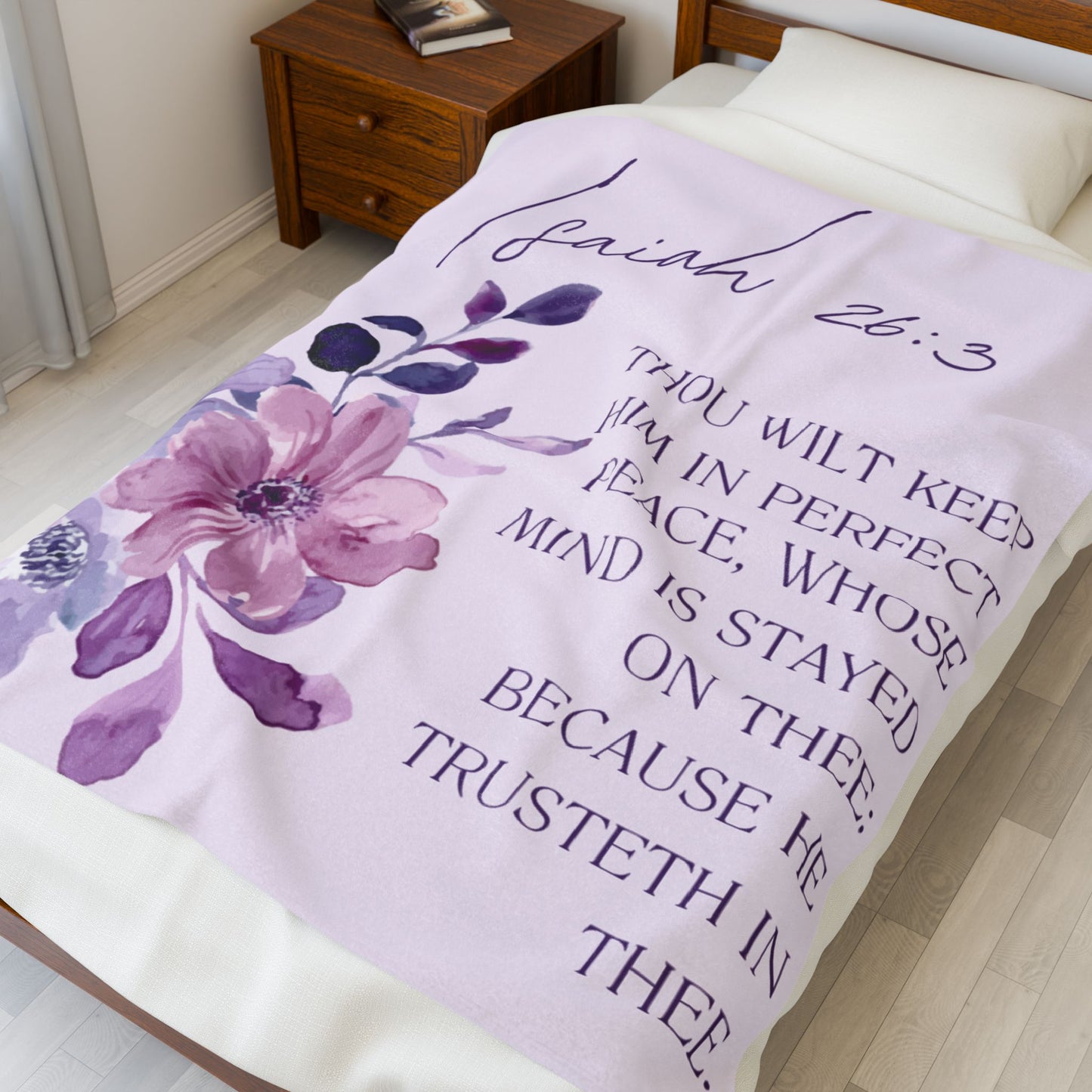 Velveteen Plush Blanket — Isaiah 26:3 Floral Scripture Throw for Comfort & Peace